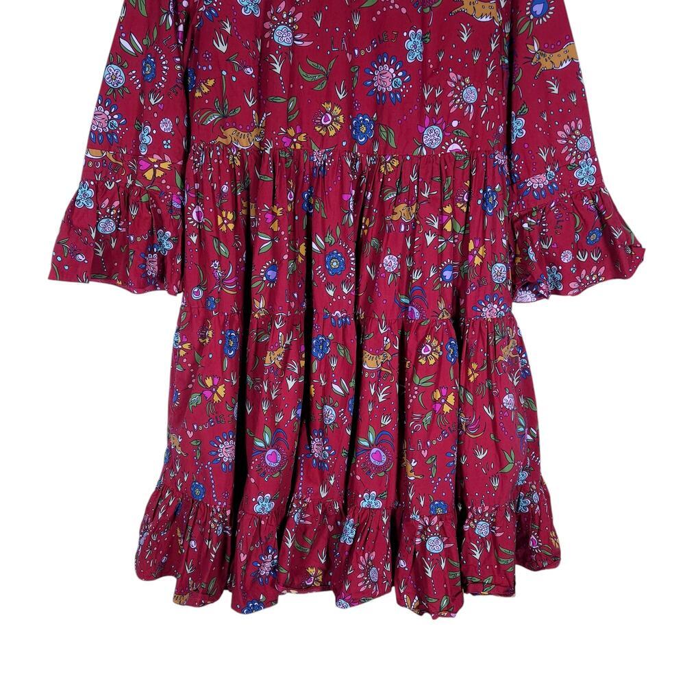 La DoubleJ Womens Bambi Dress Red Floral Print 40 Midi Long Sleeve Boho Chic Fit - Picture 8 of 15